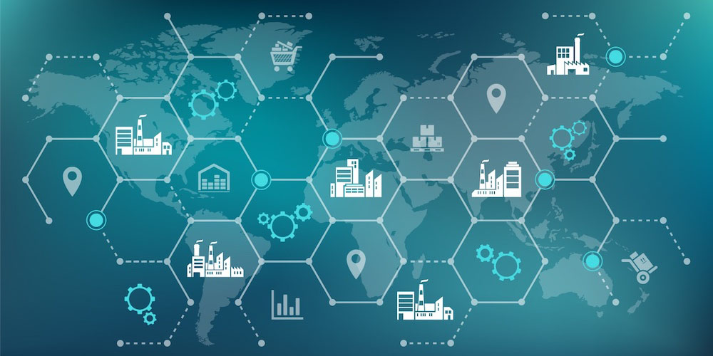 World map overlaid with hexagonal structure and icons representing factories, transportation, and shopping.
