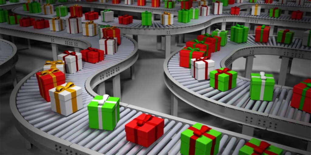 Gift wrapped boxes on a looping conveyor belt.