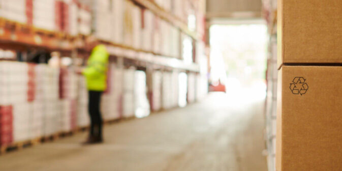 Aisle in a warehouse, tall stack of boxes in the foreground, worker blurred in the background.