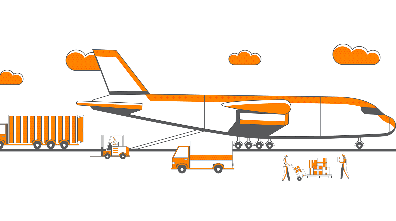 An illustration of delivery trucks and personnel offloading cargo from a plane highlights end-to-end concepts covered in the master’s in supply chain management curriculum.