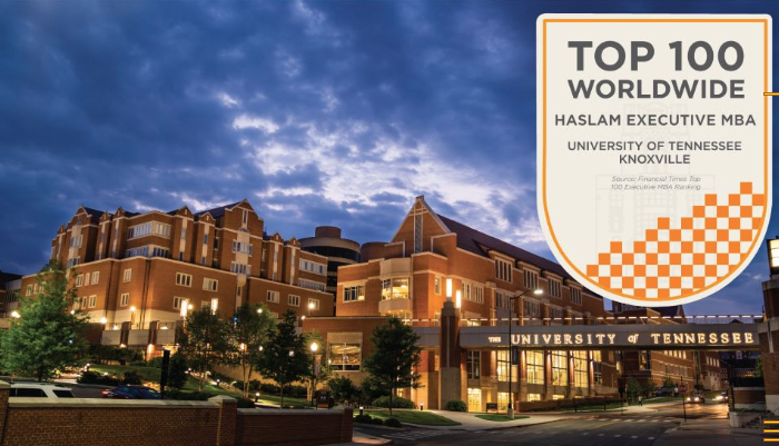 a picture of the university of tennessee at night with ranking graphic overlay