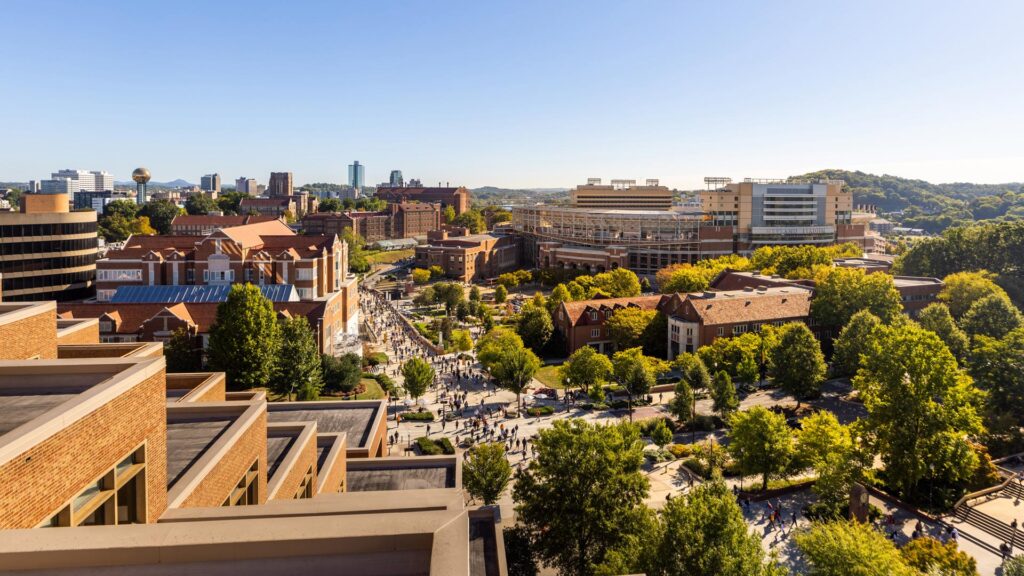 An aerial view of the Haslam Business Building and Pedestrian Walkway on the University of Tennessee, Knoxville campus.