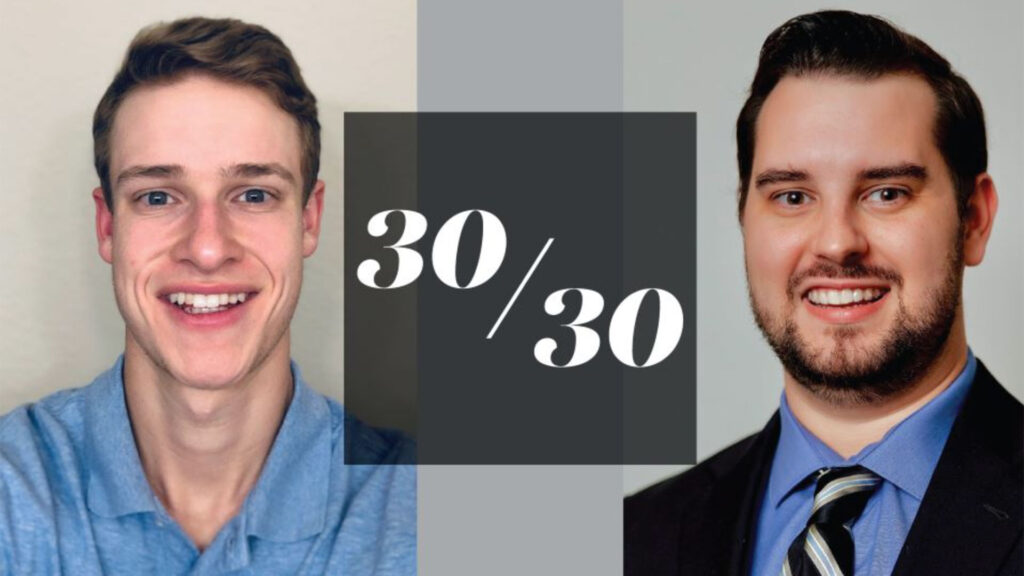 Graphic showing Jackson Frizzell and Russel Carey, UT supply chain grads named to the ISM's 30 under 30 list.