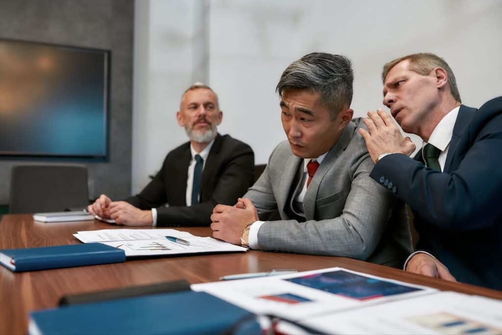 Three business executives sit at a table; one is leaning close to another and conversing confidentially.