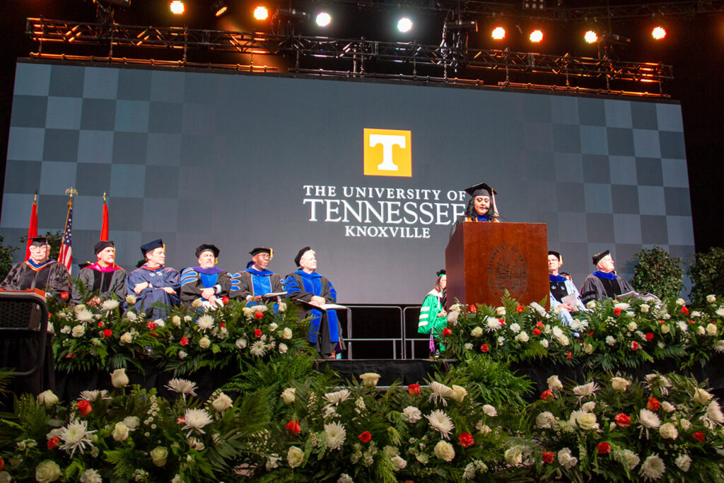 Yolanda Buendia Barrientos speaks at the 2024 UT Graduate Hooding Ceremony