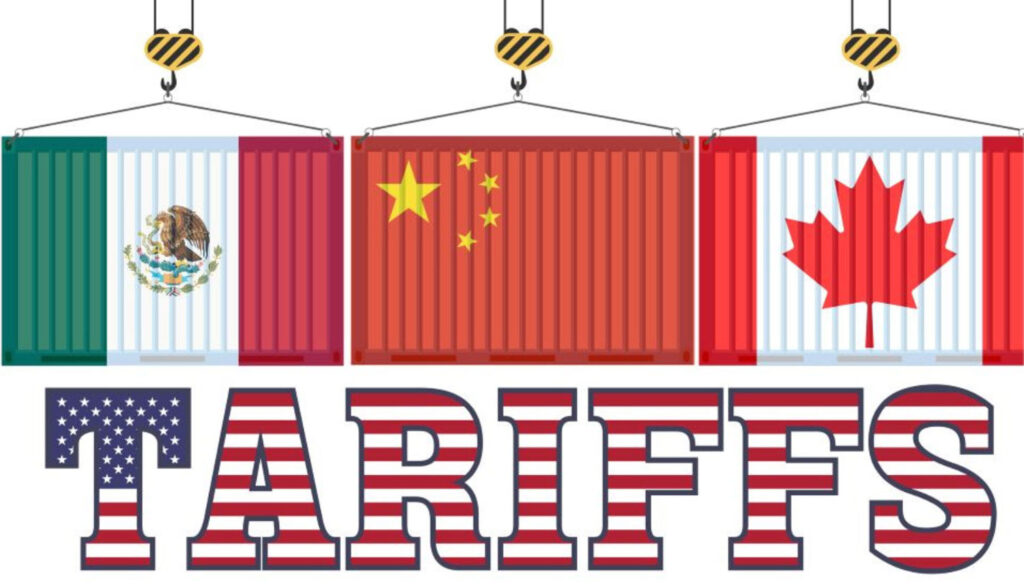 Graphic of Mexican, Chinese, and Canadian flags with the word Tariffs underneath