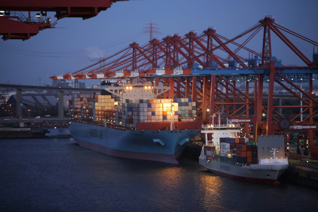 A container ship at the port in Hamburg, Germany.