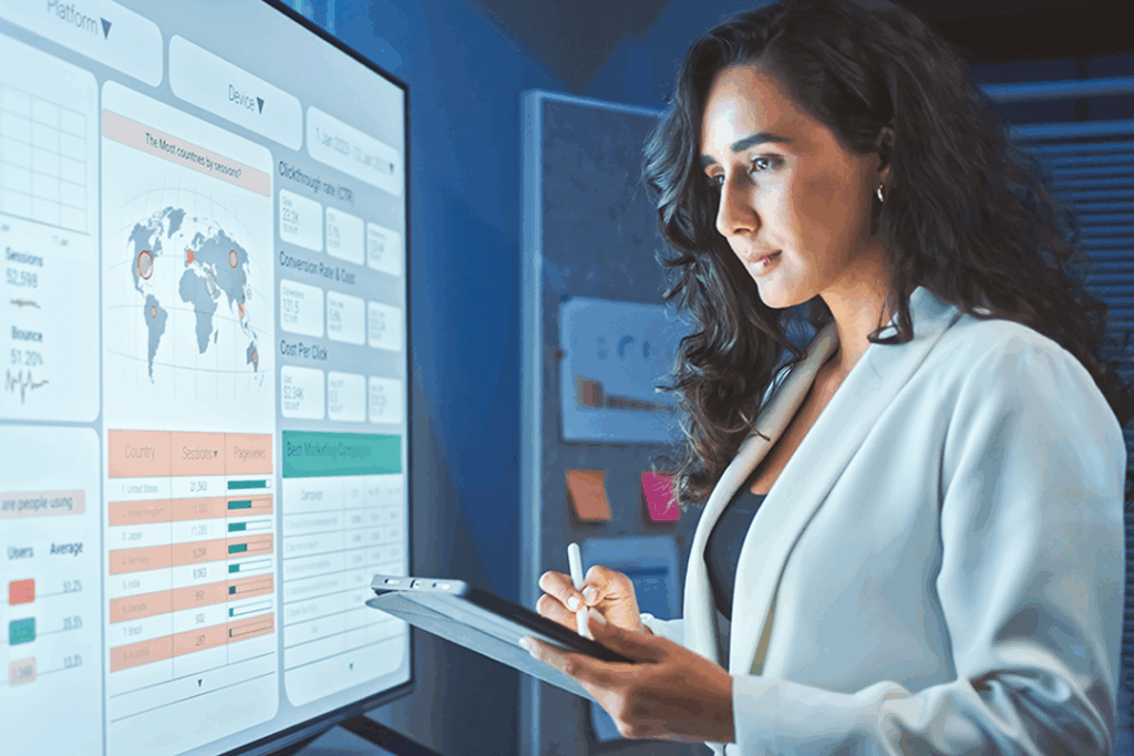 A woman in a modern office setting takes notes on a tablet while analyzing data on a large digital screen.